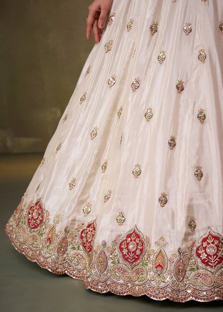 Beige Tissue Embroidered Lehenga Set with Moti, Sequin Work and Red Dupatta