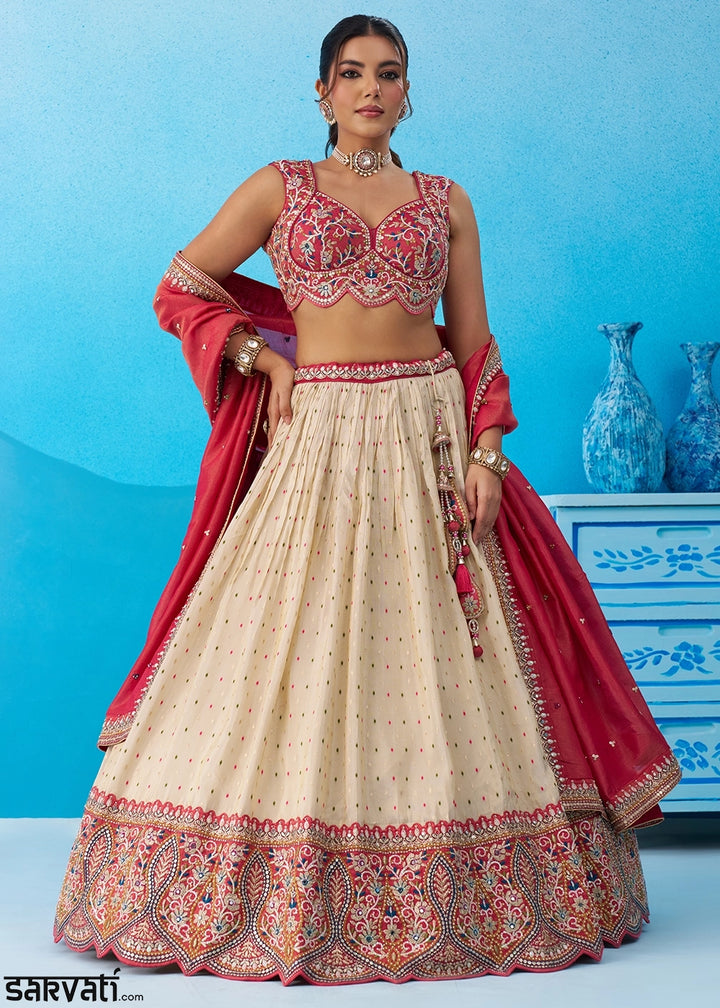 Regal Cream Jacquard Tissue Embroidered Lehenga Choli With Magenta Dupatta