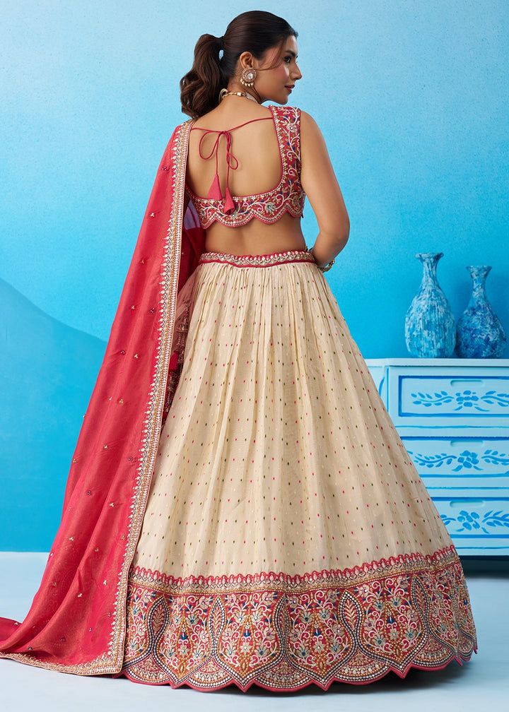 Regal Cream Jacquard Tissue Embroidered Lehenga Choli With Magenta Dupatta