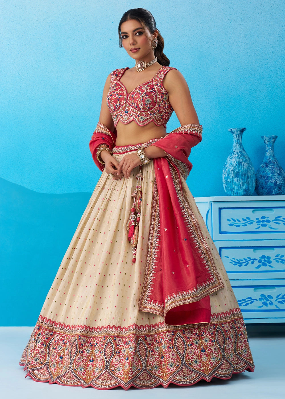 Regal Cream Jacquard Tissue Embroidered Lehenga Choli With Magenta Dupatta