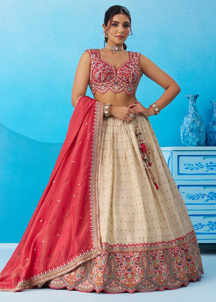 Regal Cream Jacquard Tissue Embroidered Lehenga Choli With Magenta Dupatta