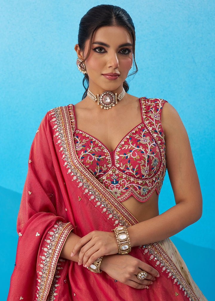 Regal Cream Jacquard Tissue Embroidered Lehenga Choli With Magenta Dupatta
