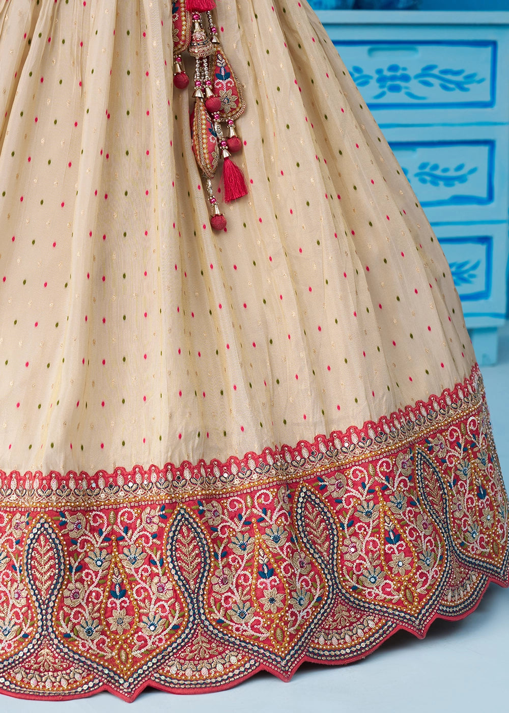 Regal Cream Jacquard Tissue Embroidered Lehenga Choli With Magenta Dupatta