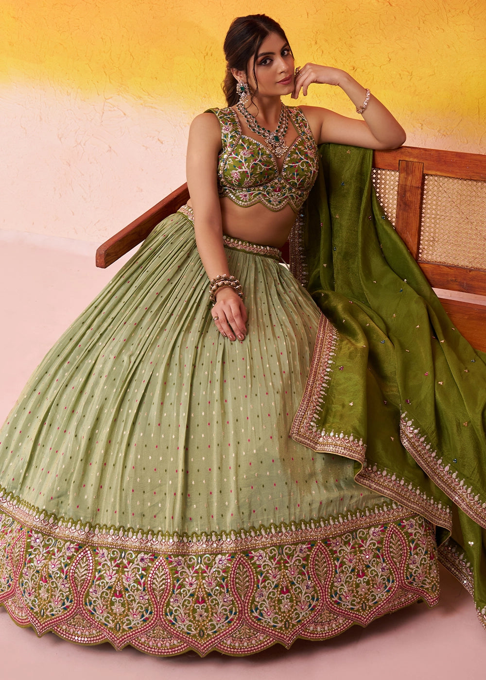 Light Green Tissue Embellished Lehenga Choli with Sequins Embroidery