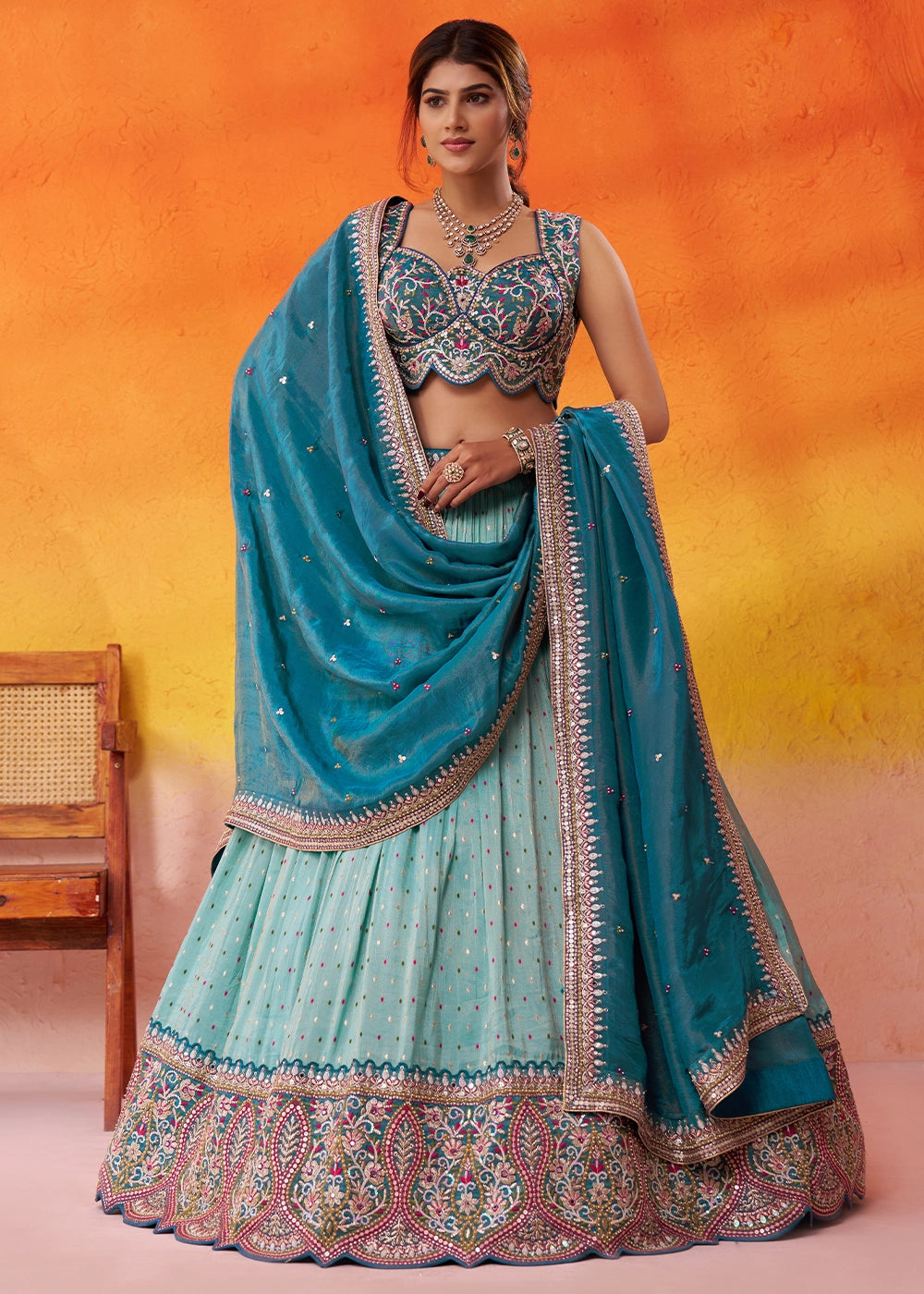 Celeste Blue Tissue Embellished Lehenga Choli with Sequins Embroidery