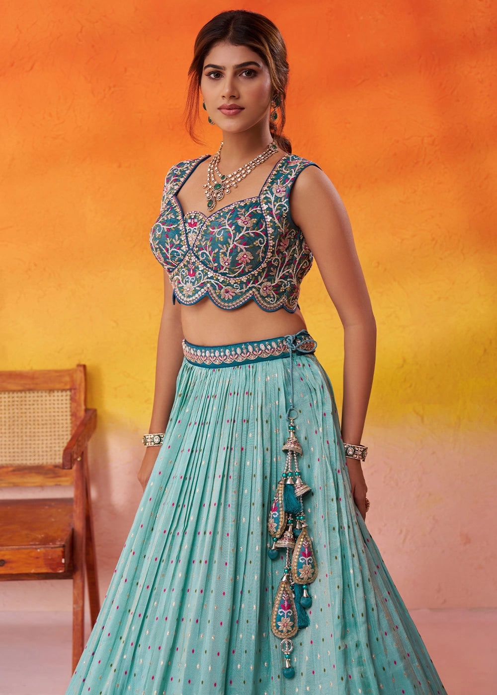 Celeste Blue Tissue Embellished Lehenga Choli with Sequins Embroidery