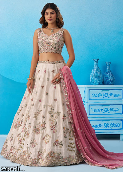 Cream white Tissue Couture Lehenga Choli with Sequin Detailing & Pink Dupatta