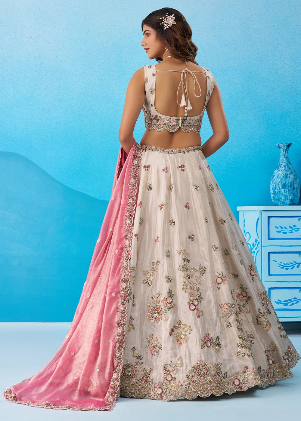Cream white Tissue Couture Lehenga Choli with Sequin Detailing & Pink Dupatta