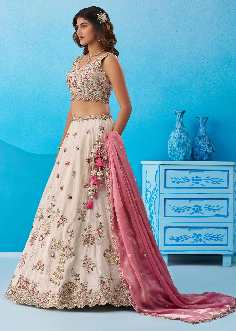 Cream white Tissue Couture Lehenga Choli with Sequin Detailing & Pink Dupatta