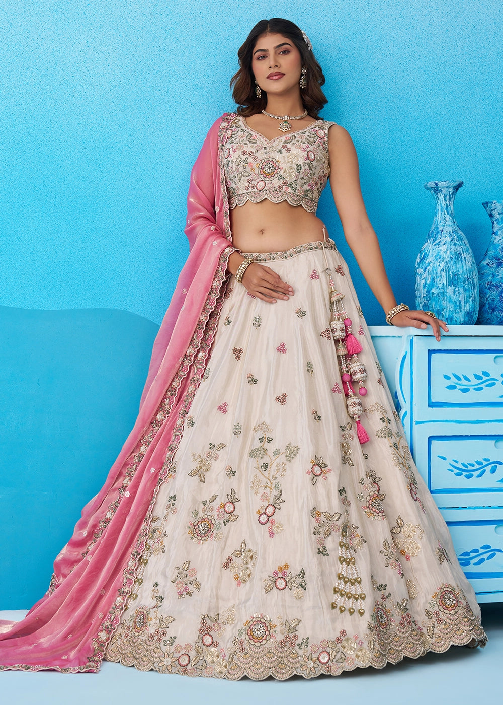 Cream white Tissue Couture Lehenga Choli with Sequin Detailing & Pink Dupatta