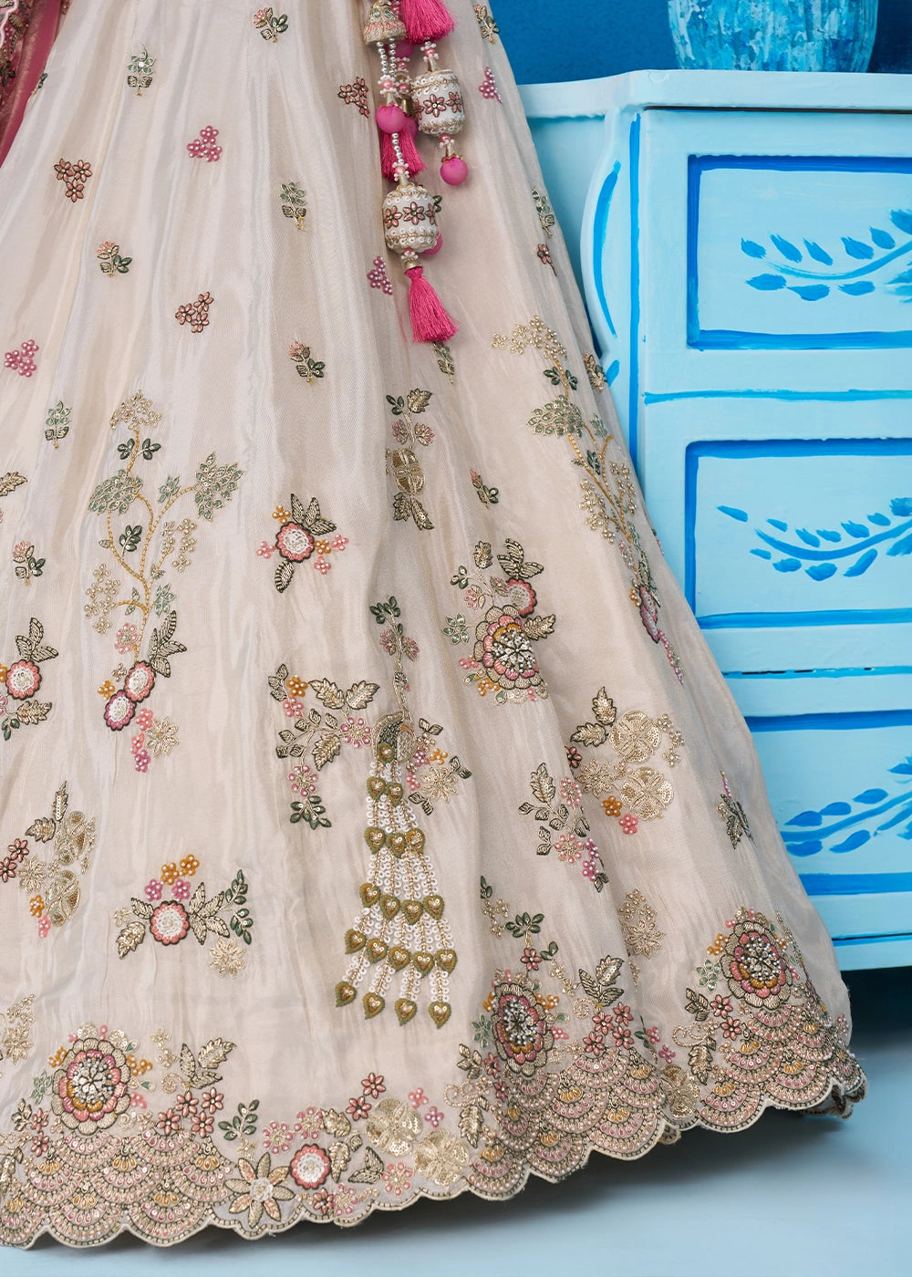 Cream white Tissue Couture Lehenga Choli with Sequin Detailing & Pink Dupatta