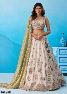 Cream white Tissue Couture Lehenga Choli with Sequin Detailing & Green Dupatta