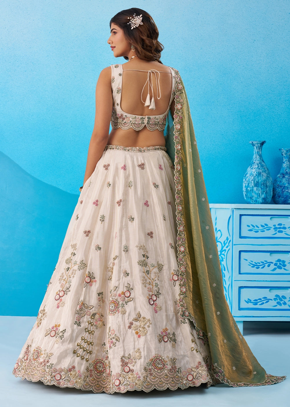 Cream white Tissue Couture Lehenga Choli with Sequin Detailing & Green Dupatta