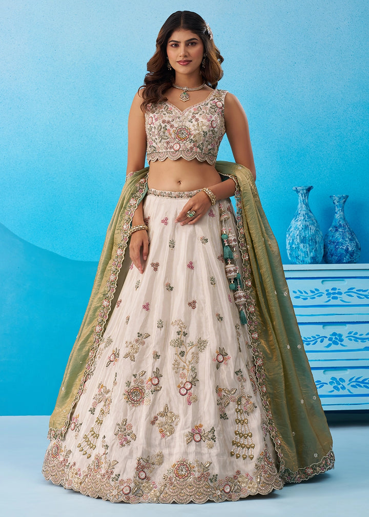 Cream white Tissue Couture Lehenga Choli with Sequin Detailing & Green Dupatta