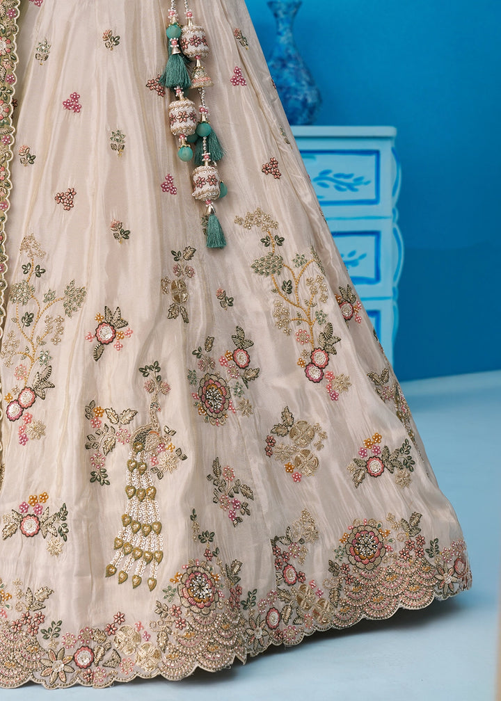 Cream white Tissue Couture Lehenga Choli with Sequin Detailing & Green Dupatta