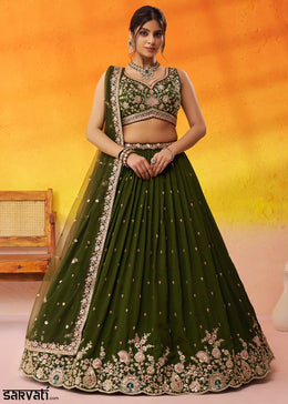 Dark Olive Green Georgette Lehenga Choli with Floral Embroidery work