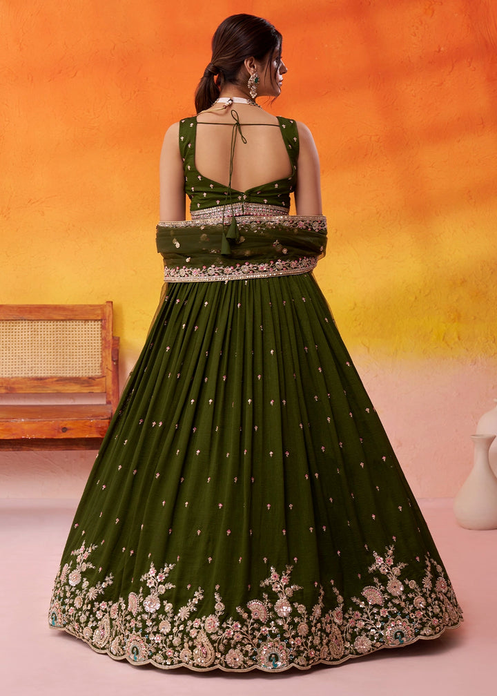 Olive Green Georgette Lehenga Set with Dupatta
