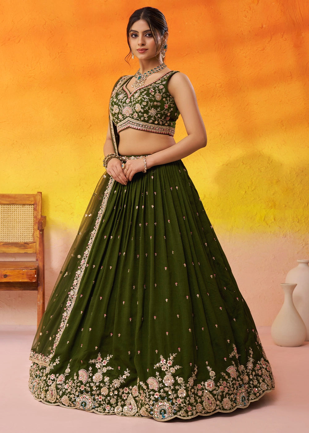 Olive Green Georgette Lehenga Set with Dupatta