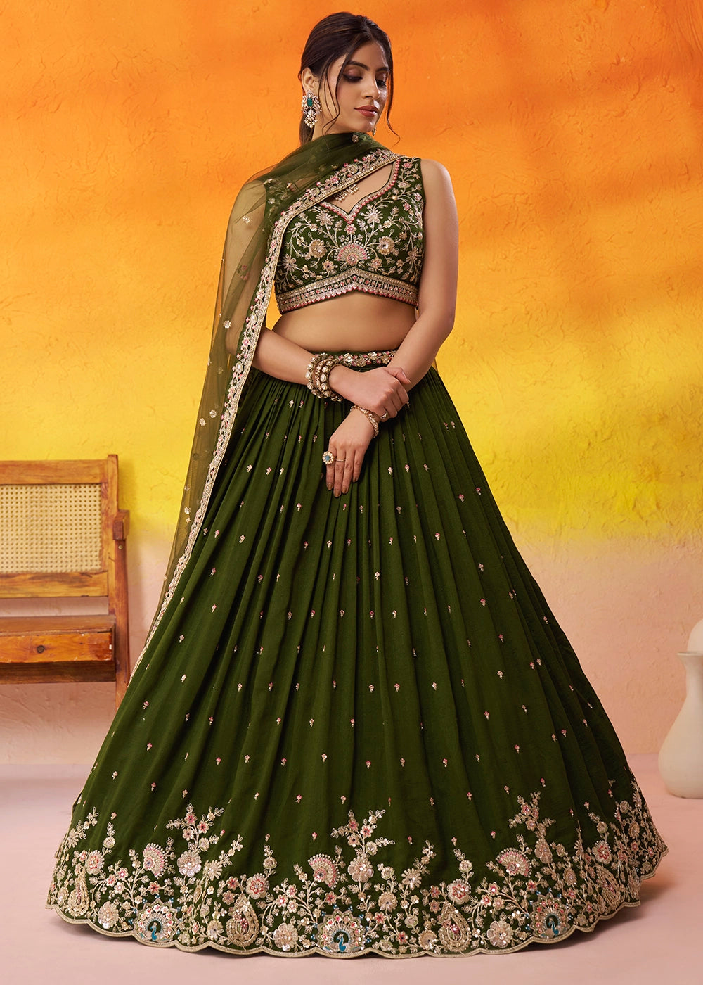 Olive Green Georgette Lehenga Set with Dupatta