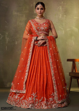 Bright Orange Georgette Lehenga Choli with Floral Embroidery work