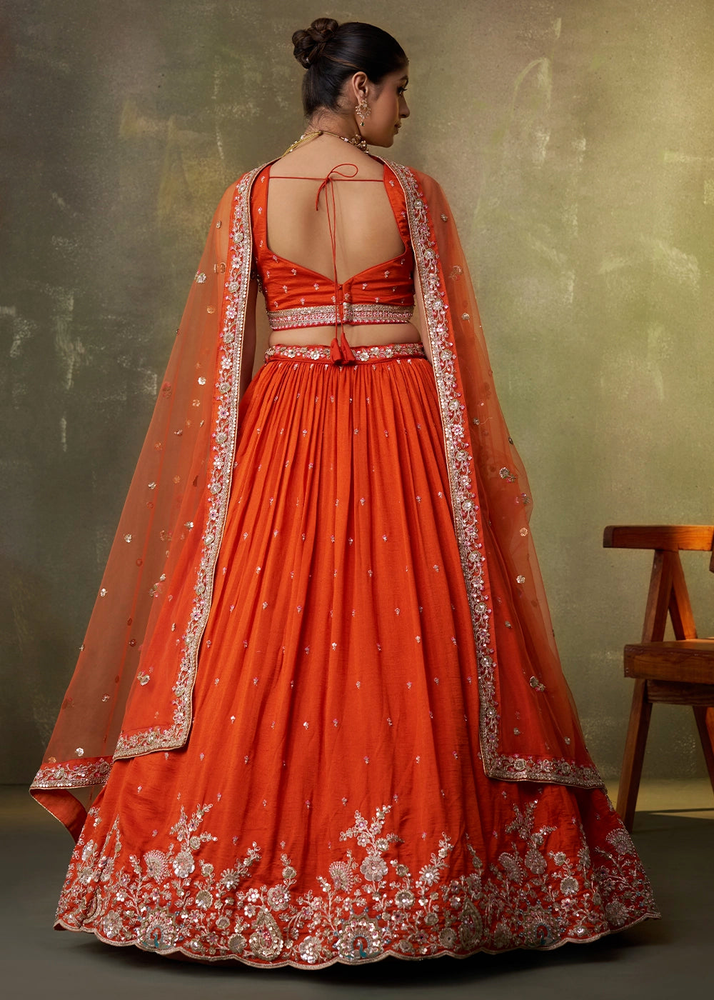 Orange Georgette Lehenga Set with Net Dupatta