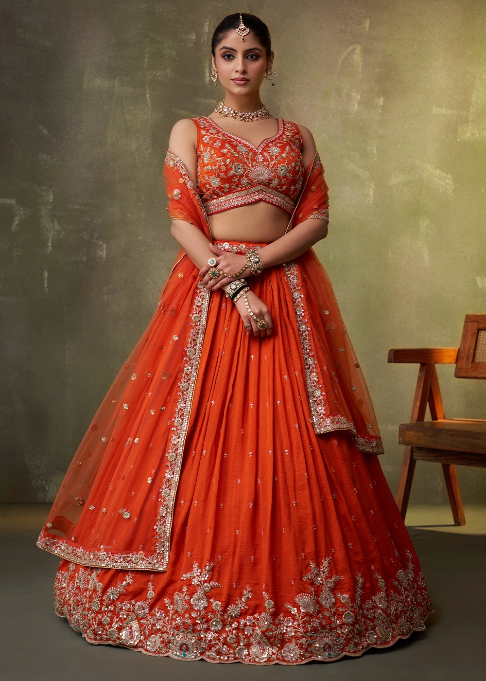 Orange Georgette Lehenga Set with Net Dupatta