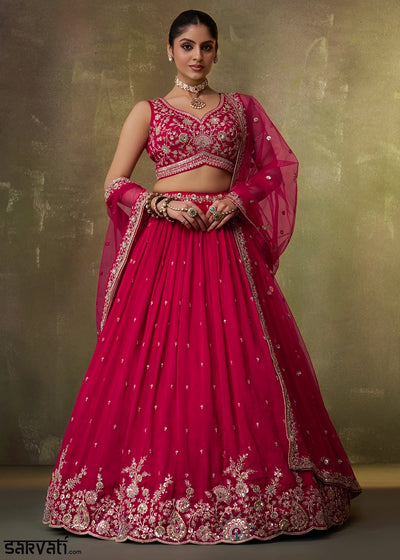 Wine Pink Georgette Lehenga Set with Net Dupatta
