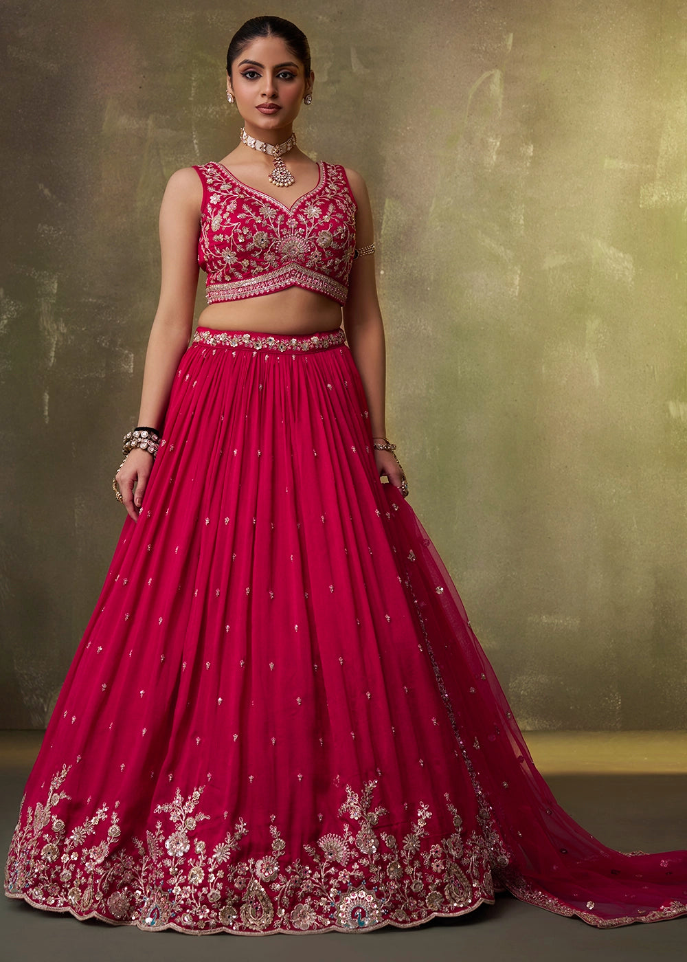 Wine Pink Georgette Lehenga Set with Net Dupatta