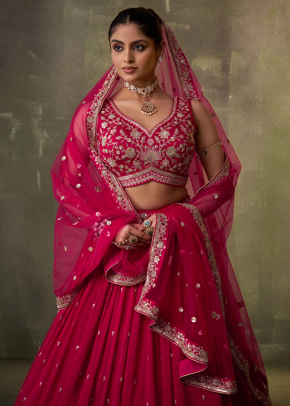 Wine Pink Georgette Lehenga Set with Net Dupatta