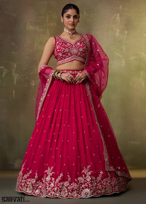 Wine Pink Georgette Lehenga Set with Net Dupatta