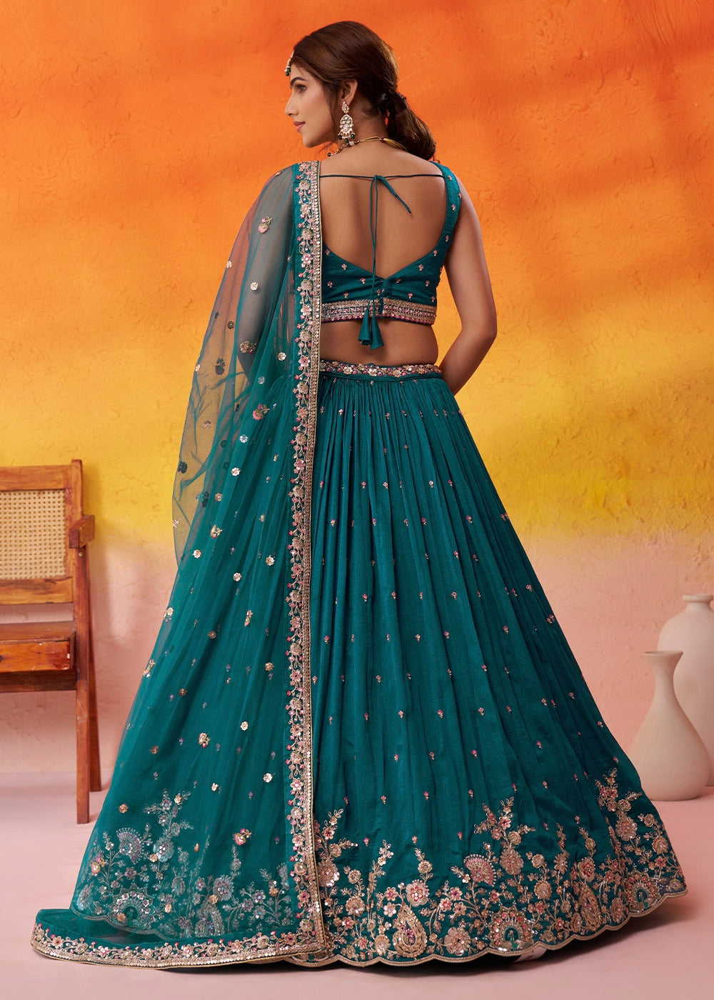Teal Green Georgette Lehenga Set with Net Dupatta