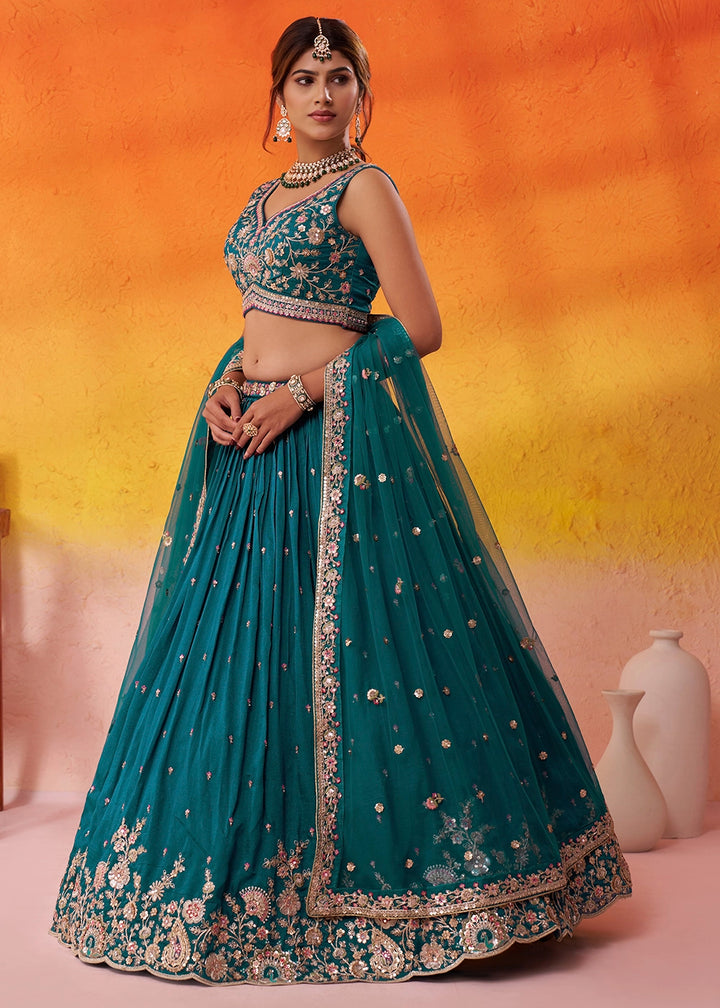 Teal Green Georgette Lehenga Set with Net Dupatta