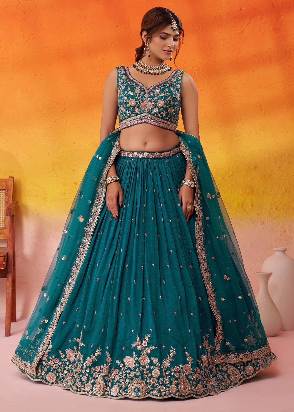 Teal Green Georgette Lehenga Set with Net Dupatta
