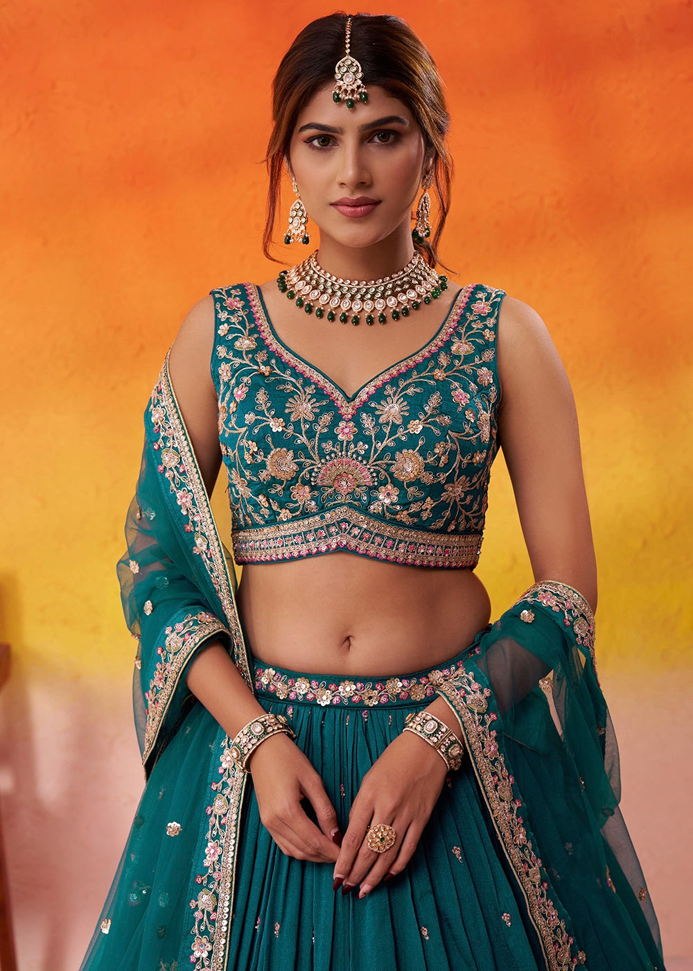 Teal Green Georgette Lehenga Set with Net Dupatta