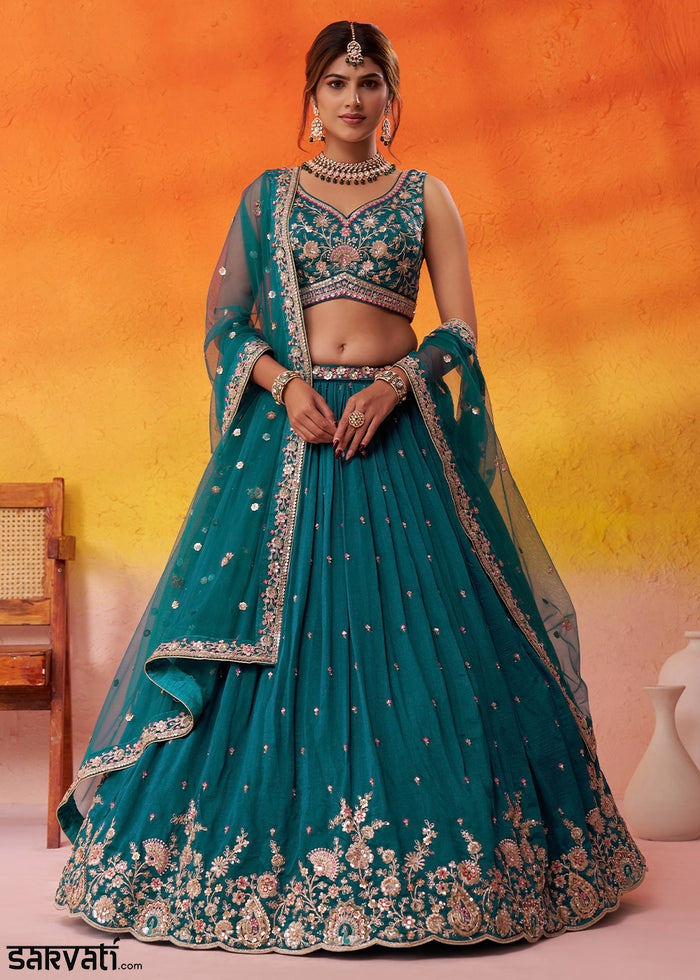 Teal Green Georgette Lehenga Choli with Floral Embroidery work