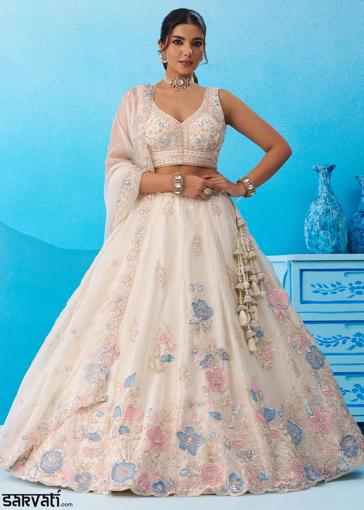 Cream White Tissue Couture Lehenga with Beaded Sequin Embroidery