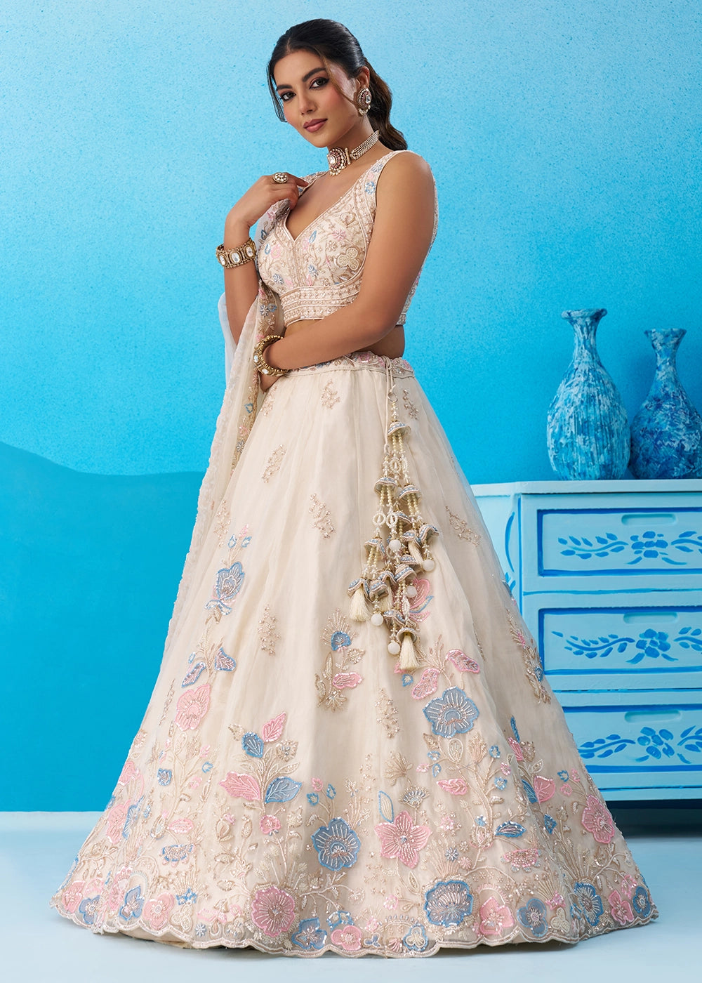 Cream White Tissue Couture Lehenga with Beaded Sequin Embroidery