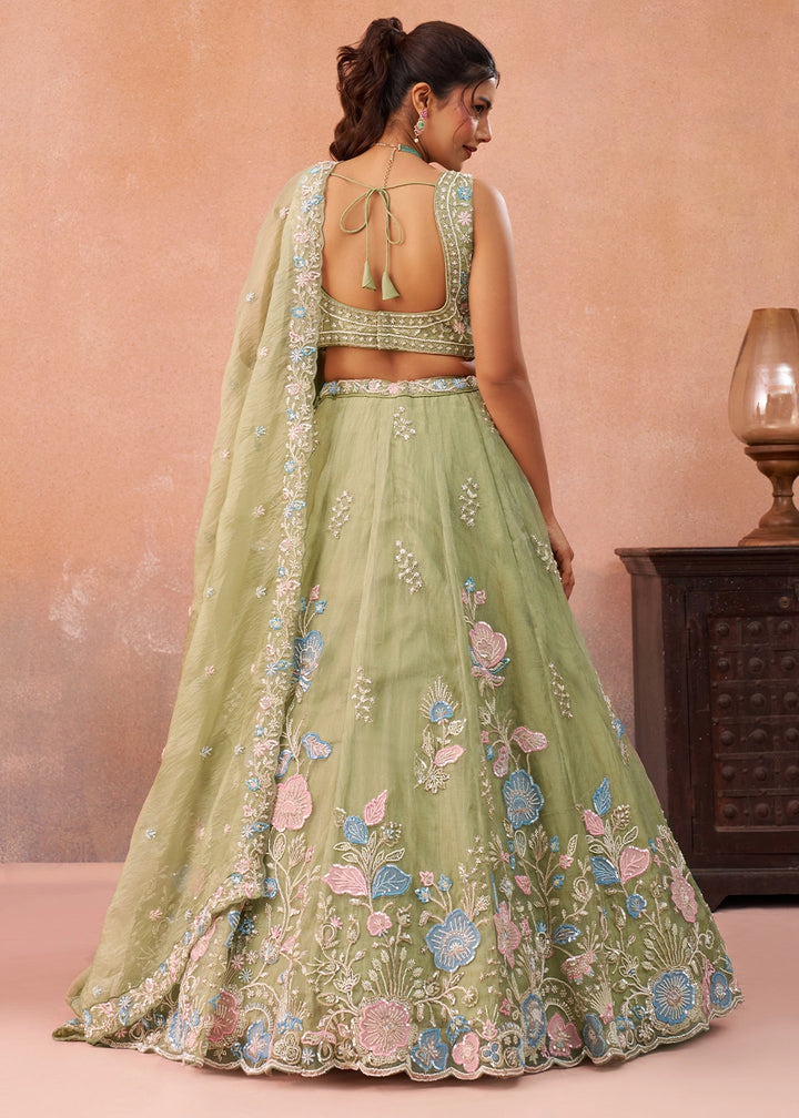 Basil Green Tissue Couture Lehenga with Beaded Sequin Embroidery
