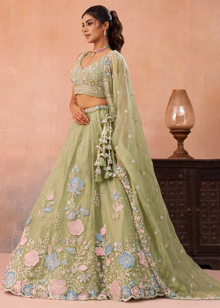 Basil Green Tissue Couture Lehenga with Beaded Sequin Embroidery
