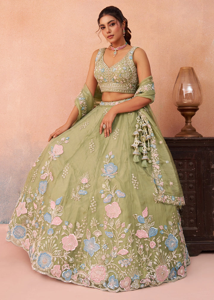 Basil Green Tissue Couture Lehenga with Beaded Sequin Embroidery