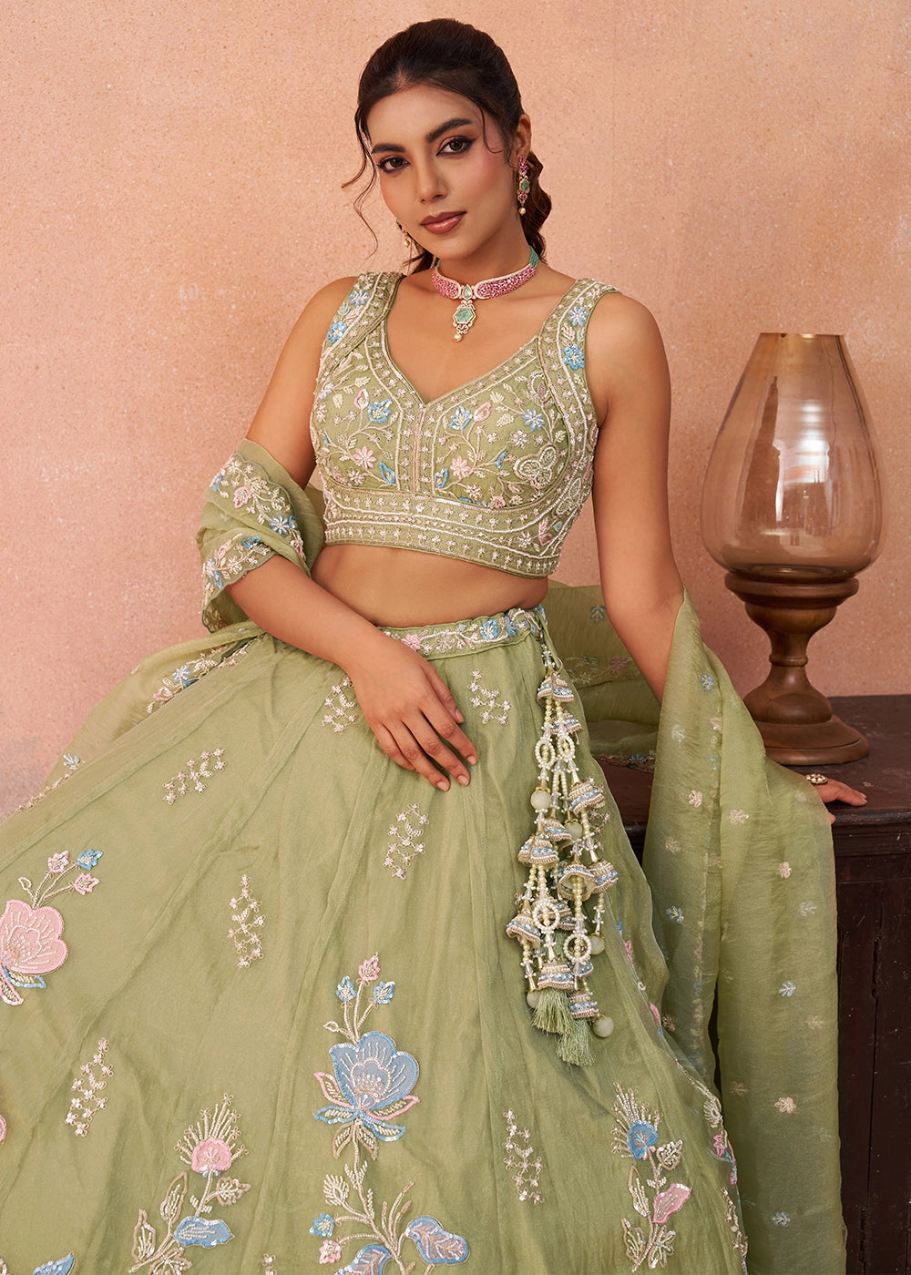 Basil Green Tissue Couture Lehenga with Beaded Sequin Embroidery
