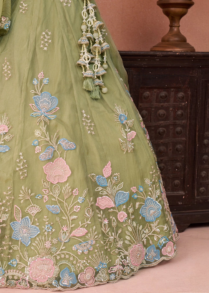 Basil Green Tissue Couture Lehenga with Beaded Sequin Embroidery