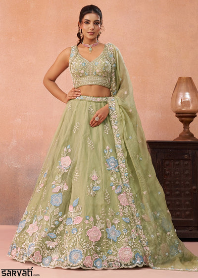Basil Green Tissue Couture Lehenga with Beaded Sequin Embroidery