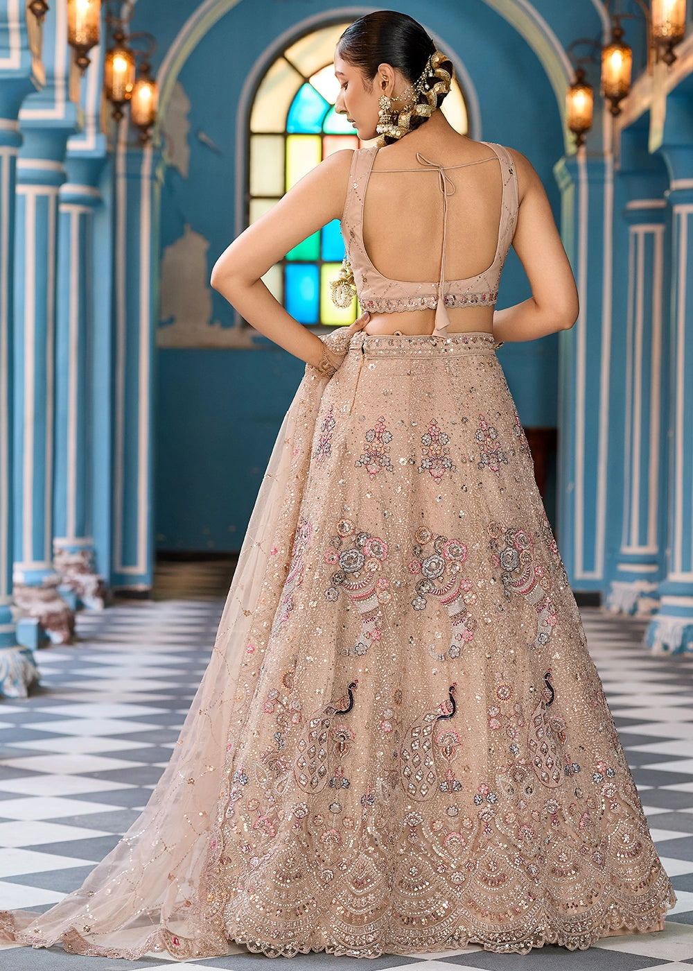 Light Brown Embroidered Net Lehenga Choli with Sequins Work