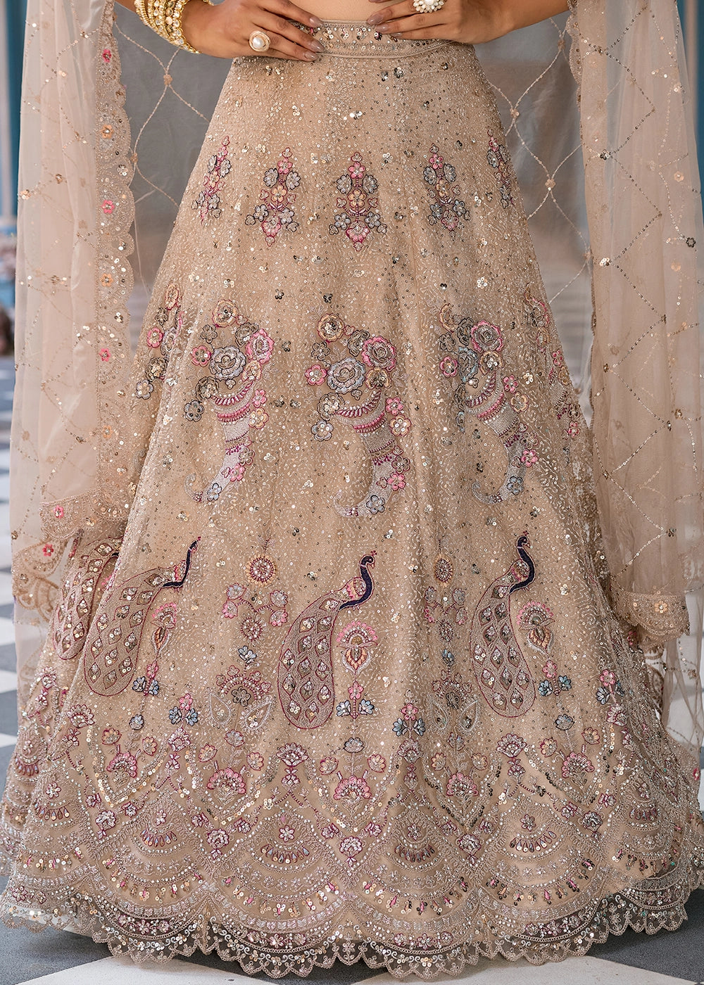 Light Brown Embroidered Net Lehenga Choli with Sequins Work