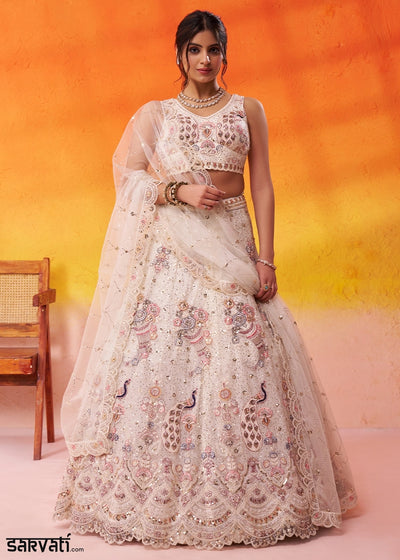 Cream White Net Embellished Lehenga Choli with Sequins Embroidery
