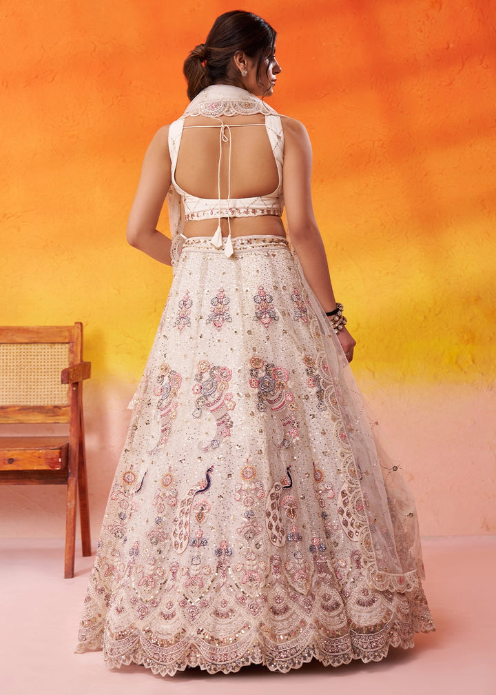 Cream White Net Embellished Lehenga Choli with Sequins Embroidery