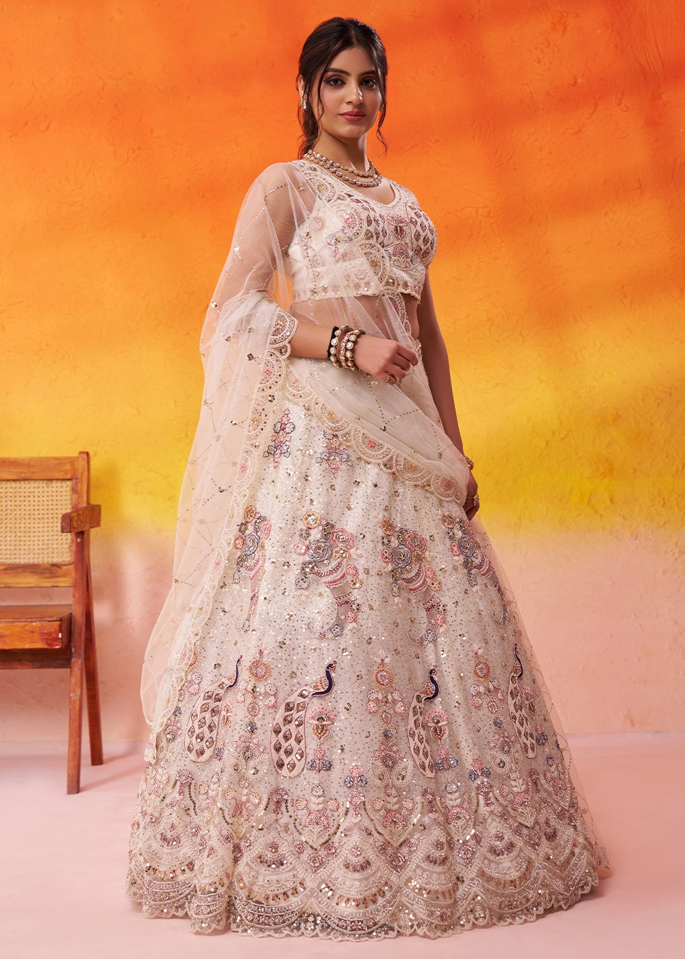 Cream White Net Embellished Lehenga Choli with Sequins Embroidery