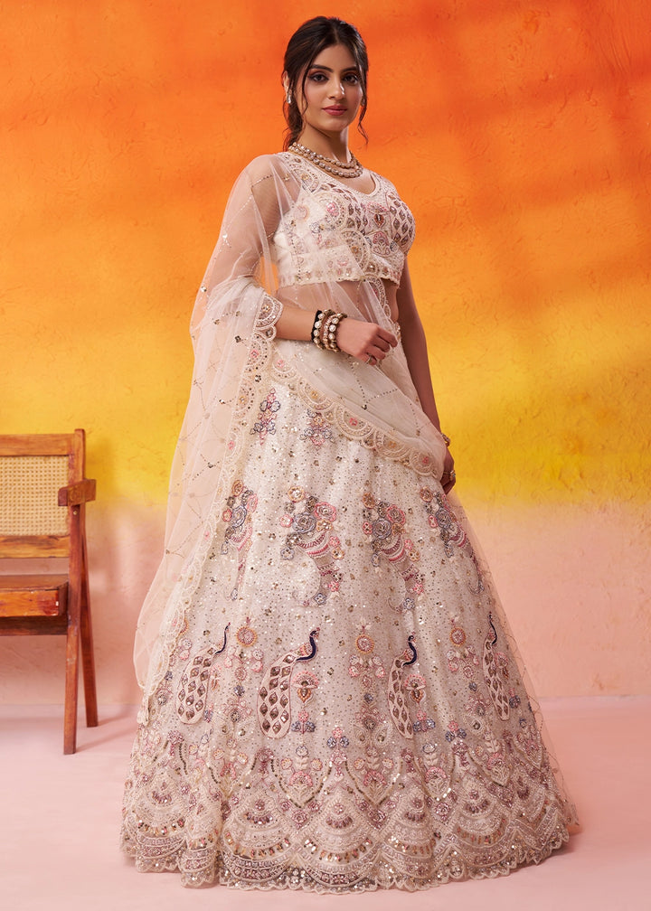Cream White Net Embellished Lehenga Choli with Sequins Embroidery