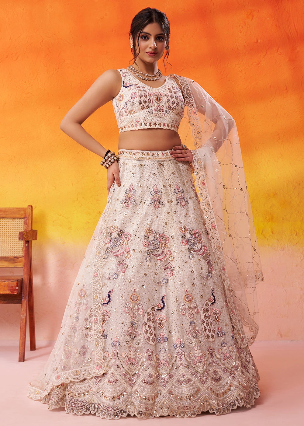 Cream White Net Embellished Lehenga Choli with Sequins Embroidery